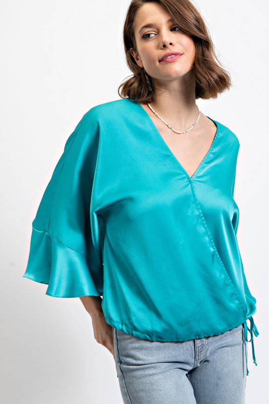 Satiny Long Sleeve Side Tie Wrap Top