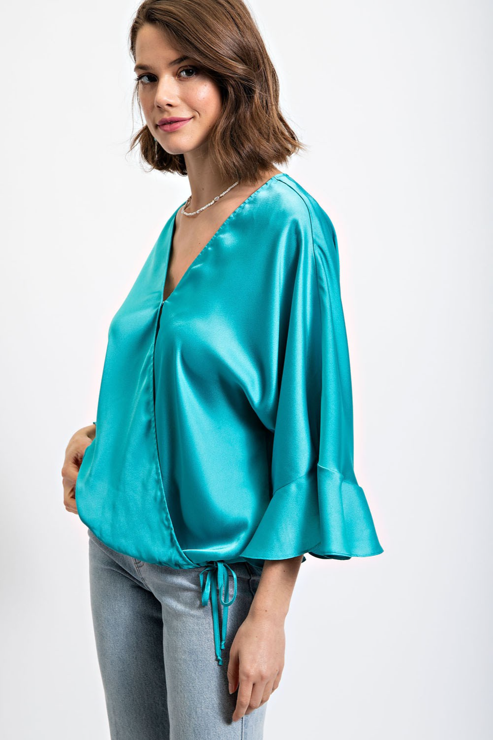 Satiny Long Sleeve Side Tie Wrap Top