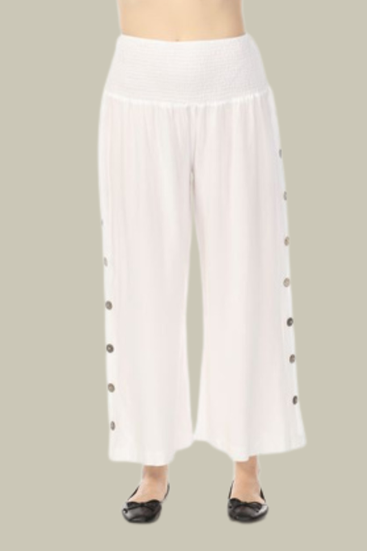 White Smocked Waist Pant with Side Button Detail