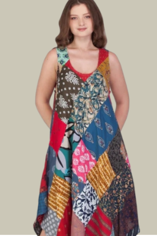 Patchwork A-Line Sleeveless Midi Dress