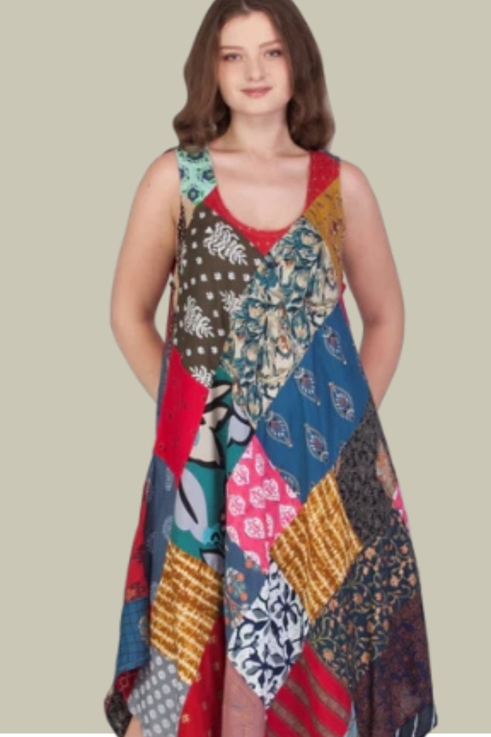 Patchwork A-Line Sleeveless Midi Dress