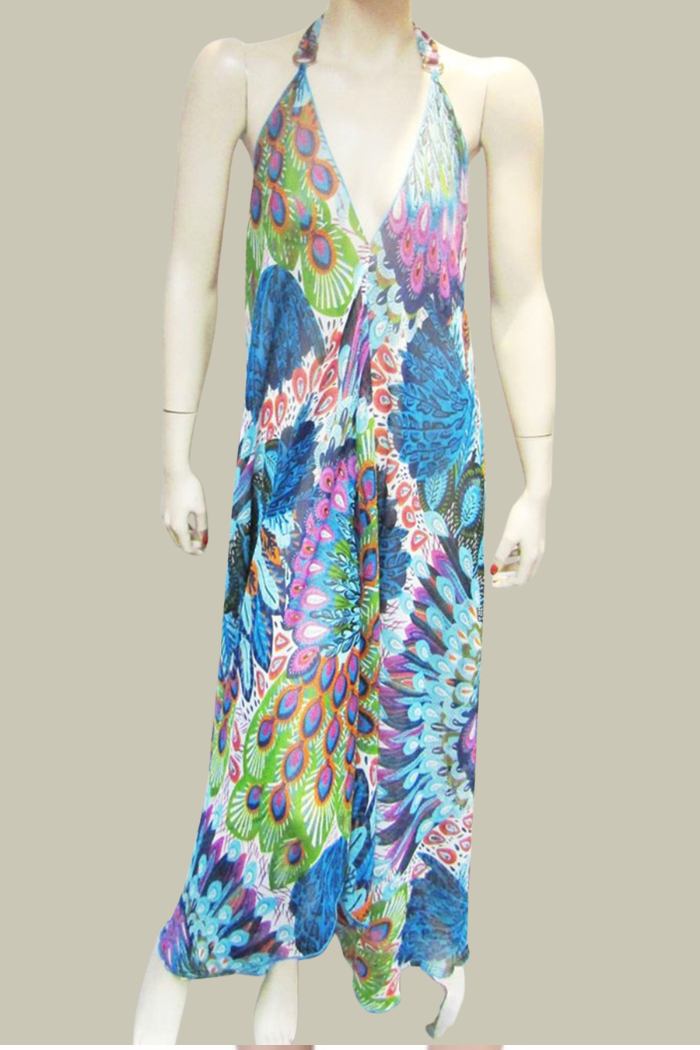 SHEER BLUE PEACOCK HALTER DRESS