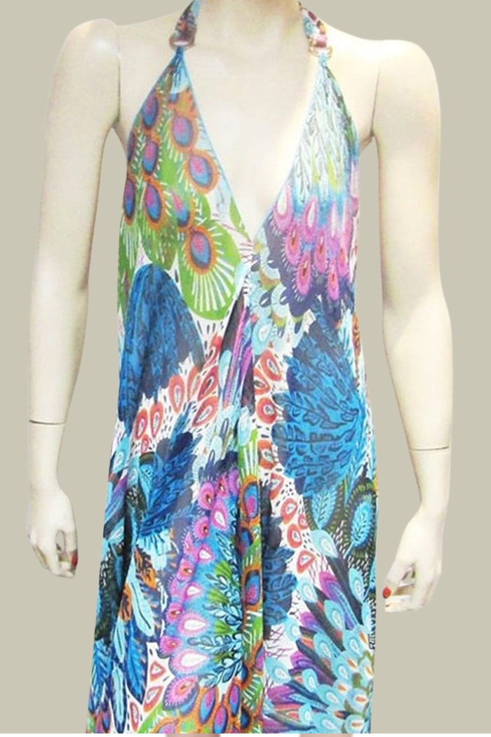 SHEER BLUE PEACOCK HALTER DRESS