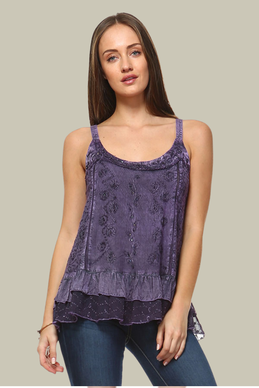 Embroidered Sandwash Camisole Tank Top - Purple