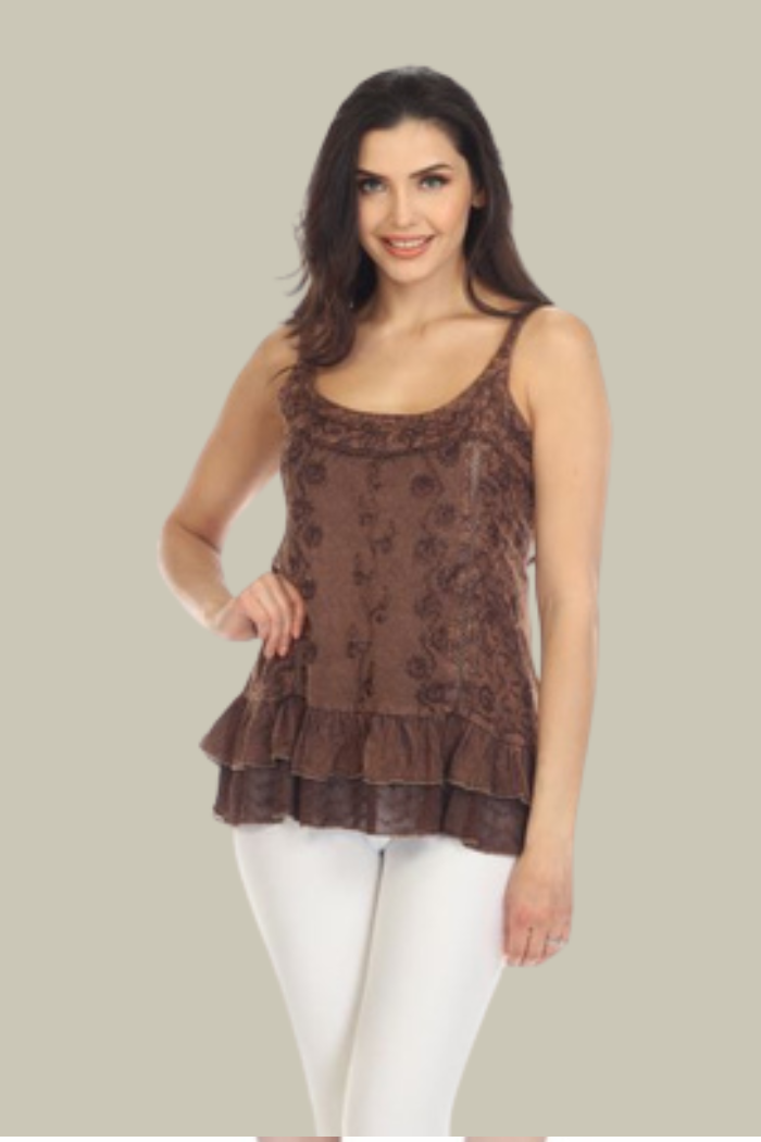Embroidered Sand Wash Tank Top - Brown