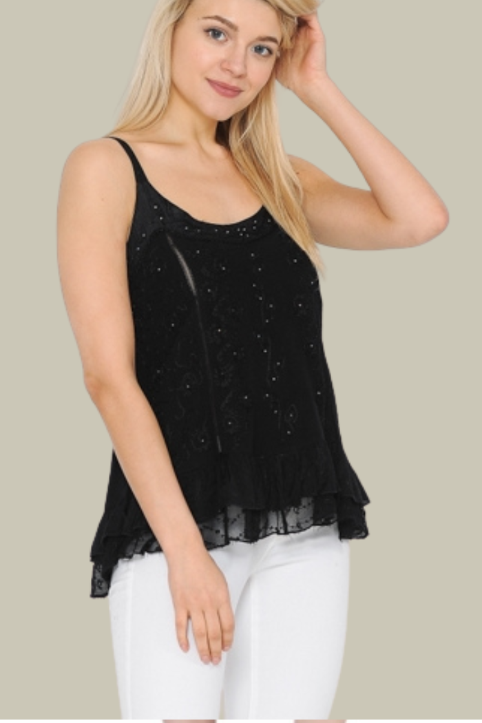 Embroidered Sandwash Camisole Tank Top - Black
