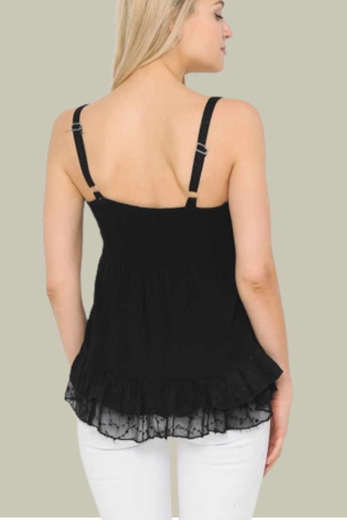 Embroidered Sandwash Camisole Tank Top - Black