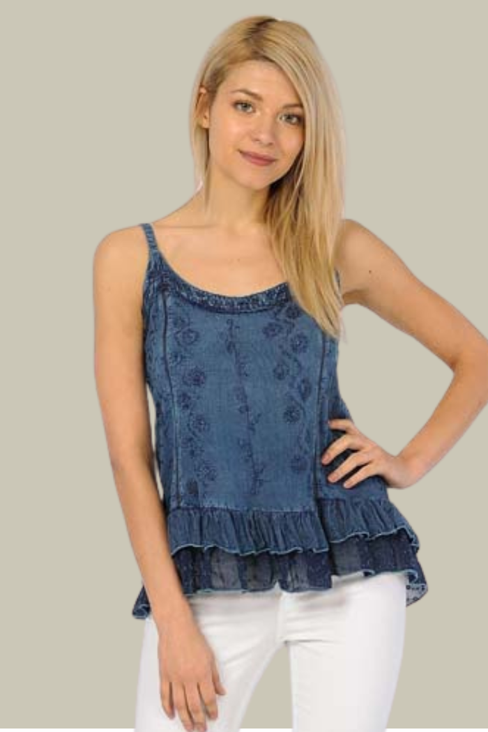 Embroidered Sandwash Camisole Tank Top - Blue