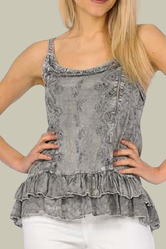 Embroidered Sand Wash Tank Top - Grey