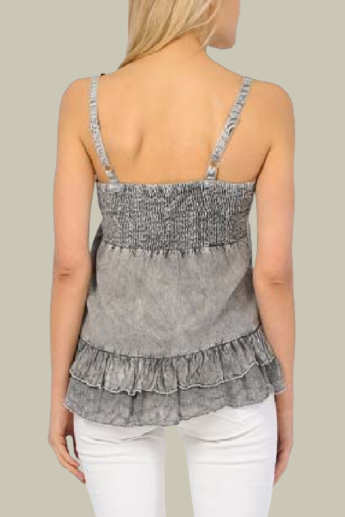 Embroidered Sand Wash Tank Top - Grey