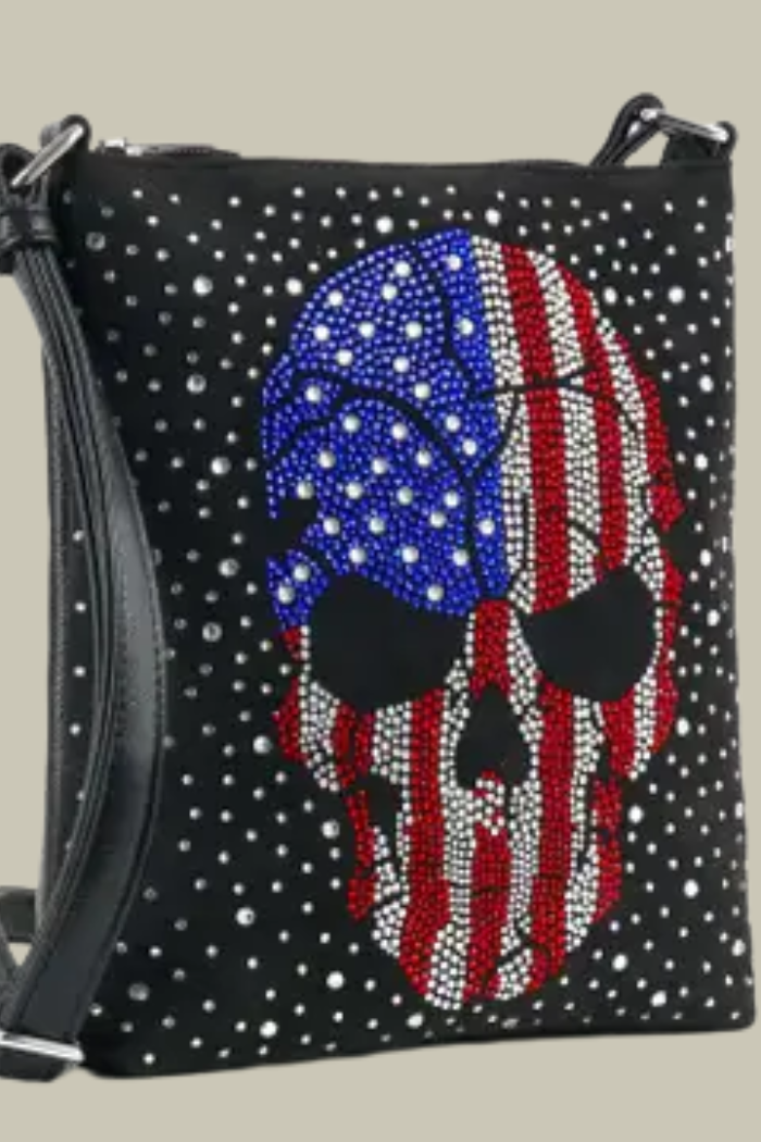 Rhinestone American Flag Skull Crossbody Bag