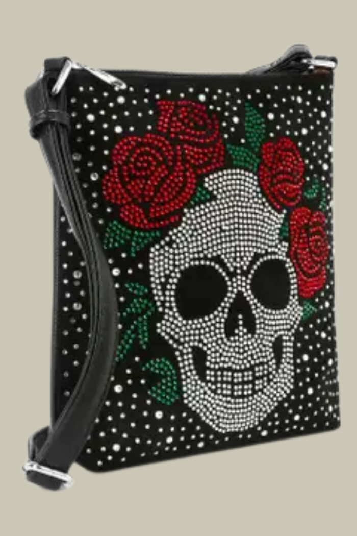 Rhinestone Skull and Rose Crossbody Sling