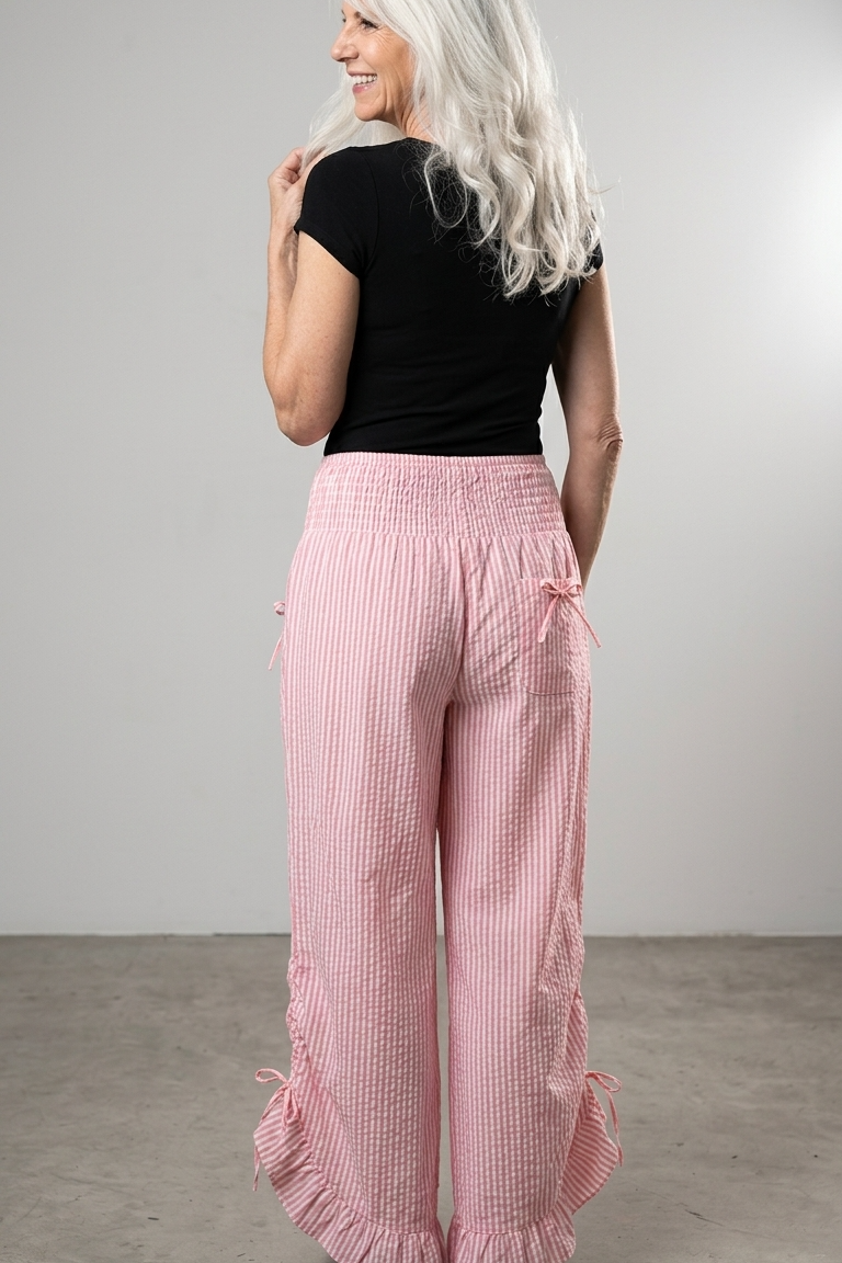 Coral Stripe Ruffled Hem Pantaloon Pant