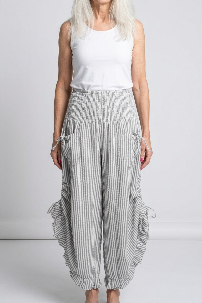 Grey Stripe Ruffled Hem Pantaloon Pant
