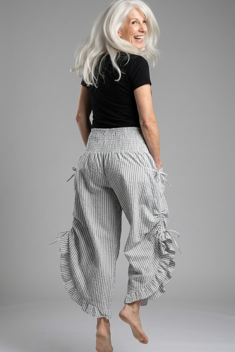 Grey Stripe Ruffled Hem Pantaloon Pant