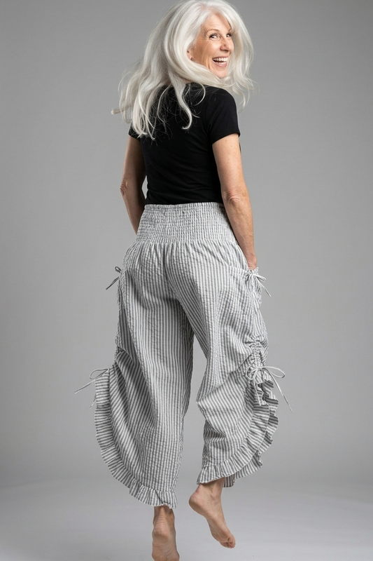 Grey Stripe Ruffled Hem Pantaloon Pant