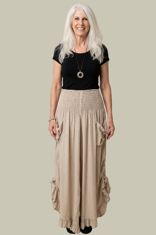 Rayon Ruffled Pantaloon Cropped Pant - Beige