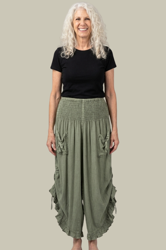 Rayon Ruffled Pantaloon Cropped Pant - Olive