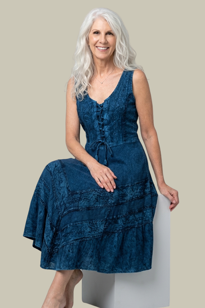 Corset Style Bodice Fit & Flare Dress in Denim Blue