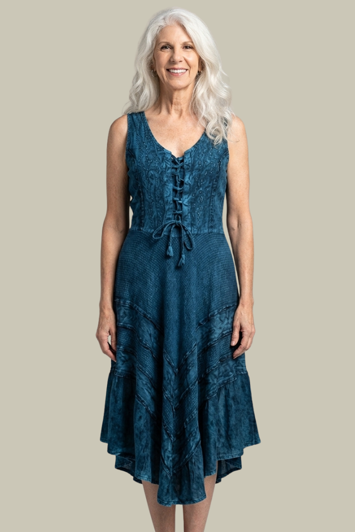 Corset Style Bodice Fit & Flare Dress in Denim Blue