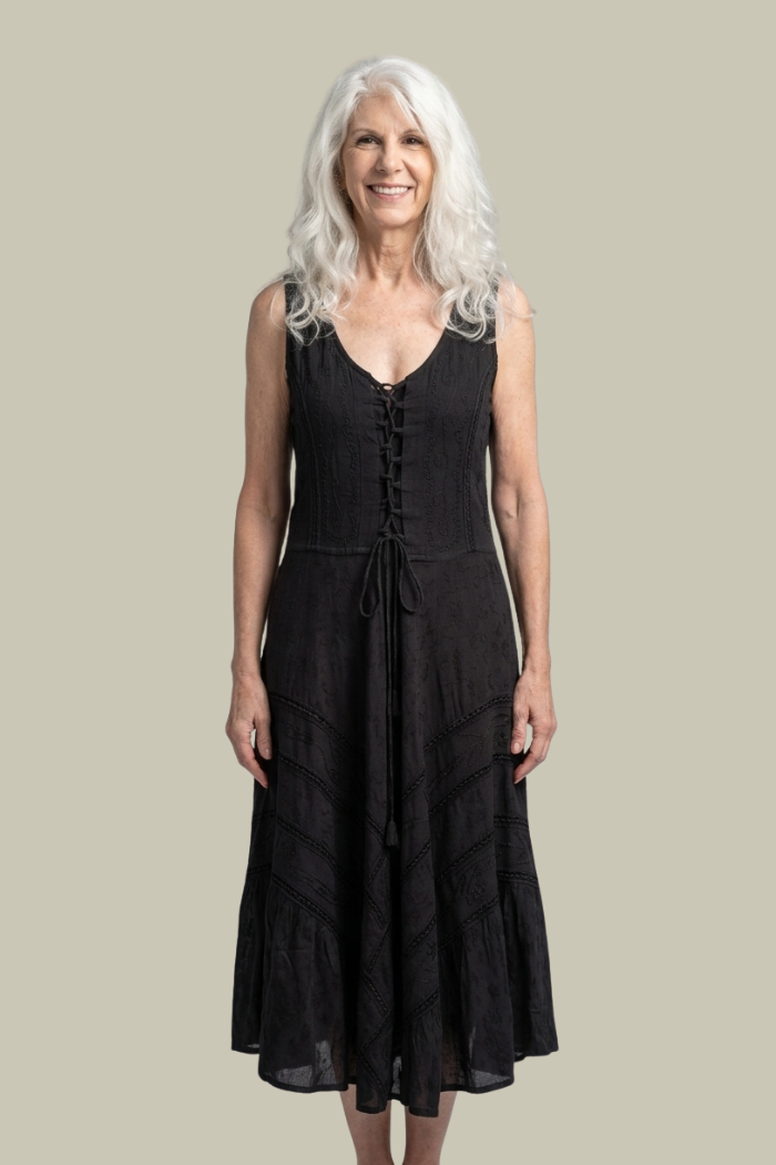Corset Style Bodice Fit & Flare Midi Dress in Black