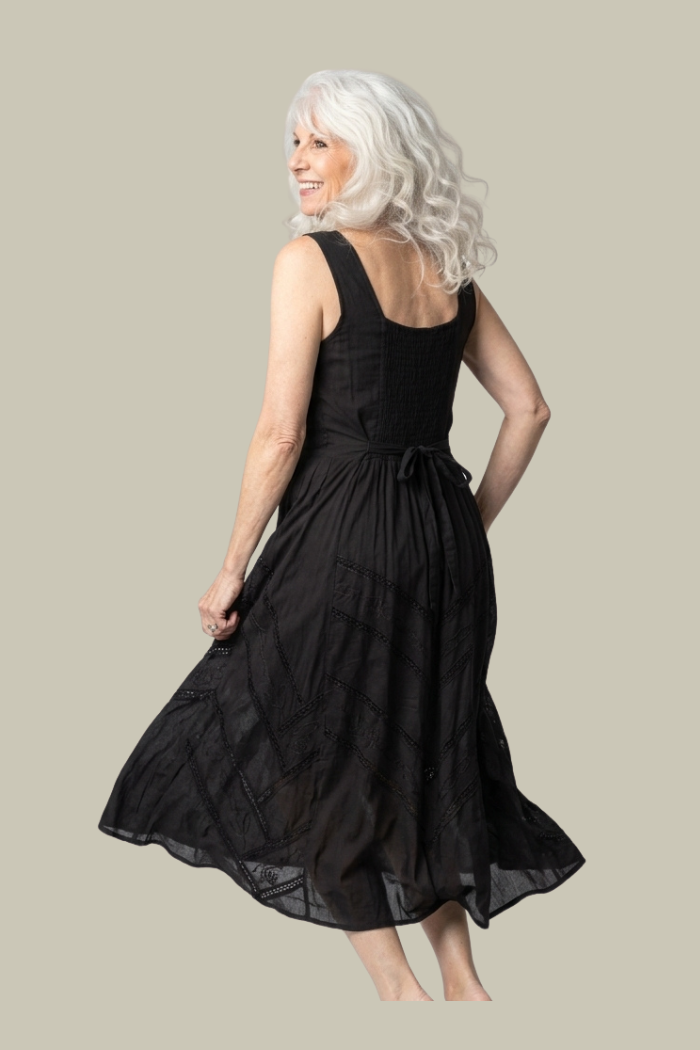 Corset Style Bodice Fit & Flare Midi Dress in Black