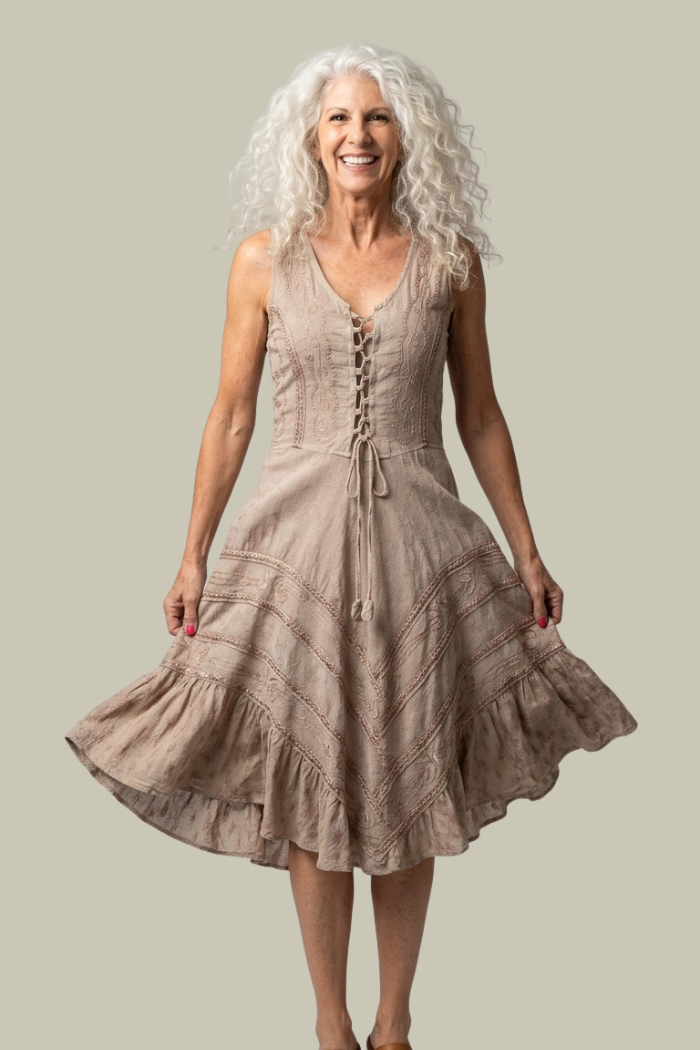 Corset Style Bodice Fit & Flare Midi Dress in Beige