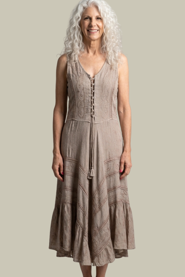 Corset Style Bodice Fit & Flare Midi Dress in Beige