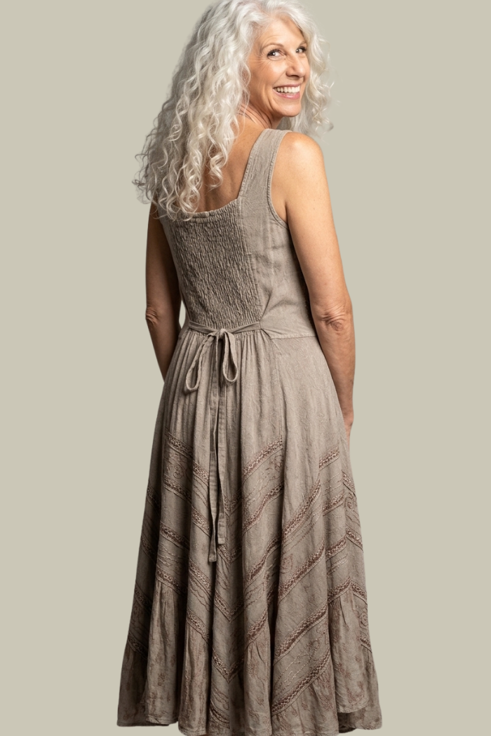 Corset Style Bodice Fit & Flare Midi Dress in Beige