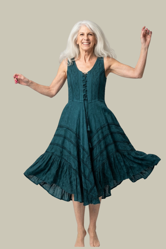 Corset Style Bodice Fit & Flare Midi Dress in Hunter Green