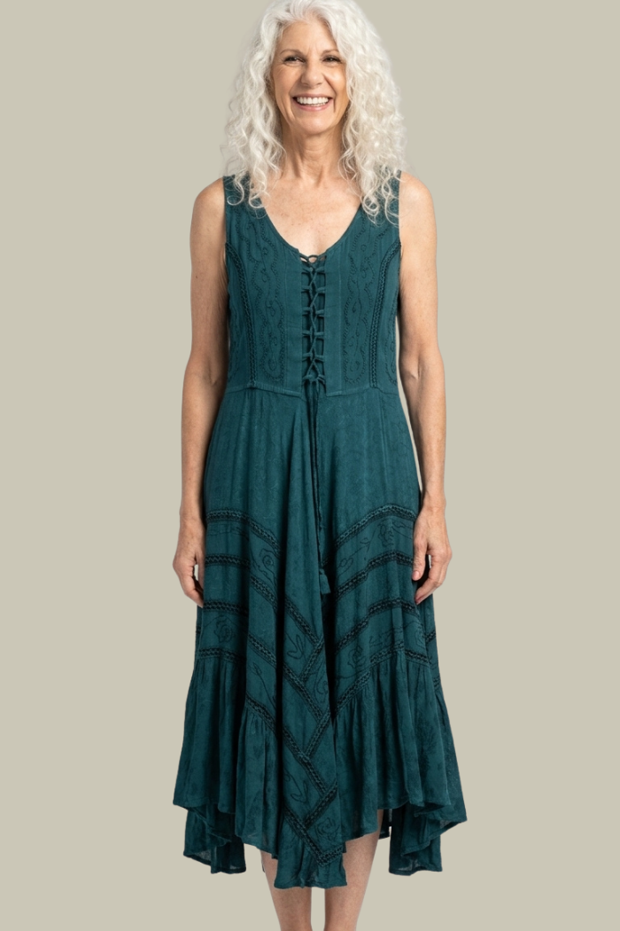 Corset Style Bodice Fit & Flare Midi Dress in Hunter Green