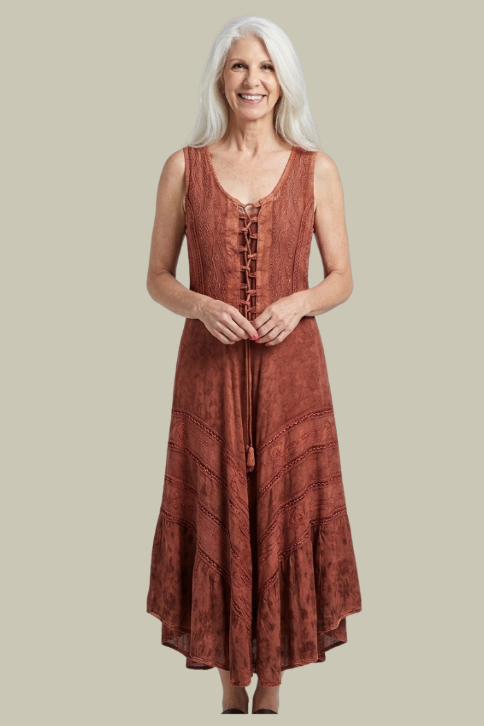 Corset Style Bodice Fit & Flare Midi Dress in Cognac