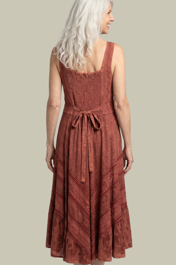 Corset Style Bodice Fit & Flare Midi Dress in Cognac
