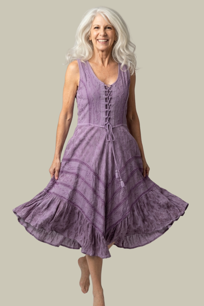 Corset Style Bodice Fit & Flare Midi Dress in Lavender