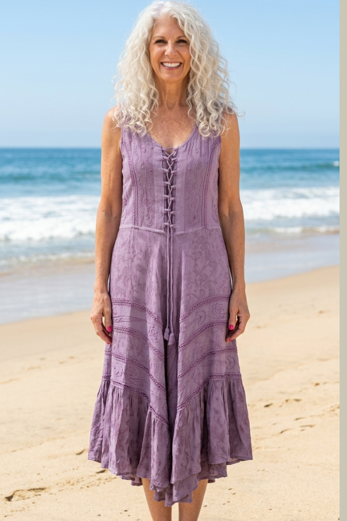Corset Style Bodice Fit & Flare Midi Dress in Lavender