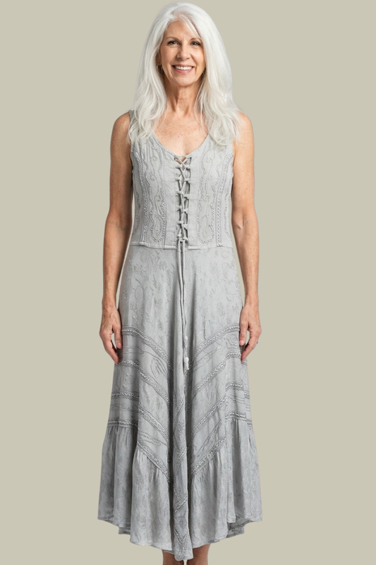Corset Style Bodice Fit & Flare Midi Dress in Sage