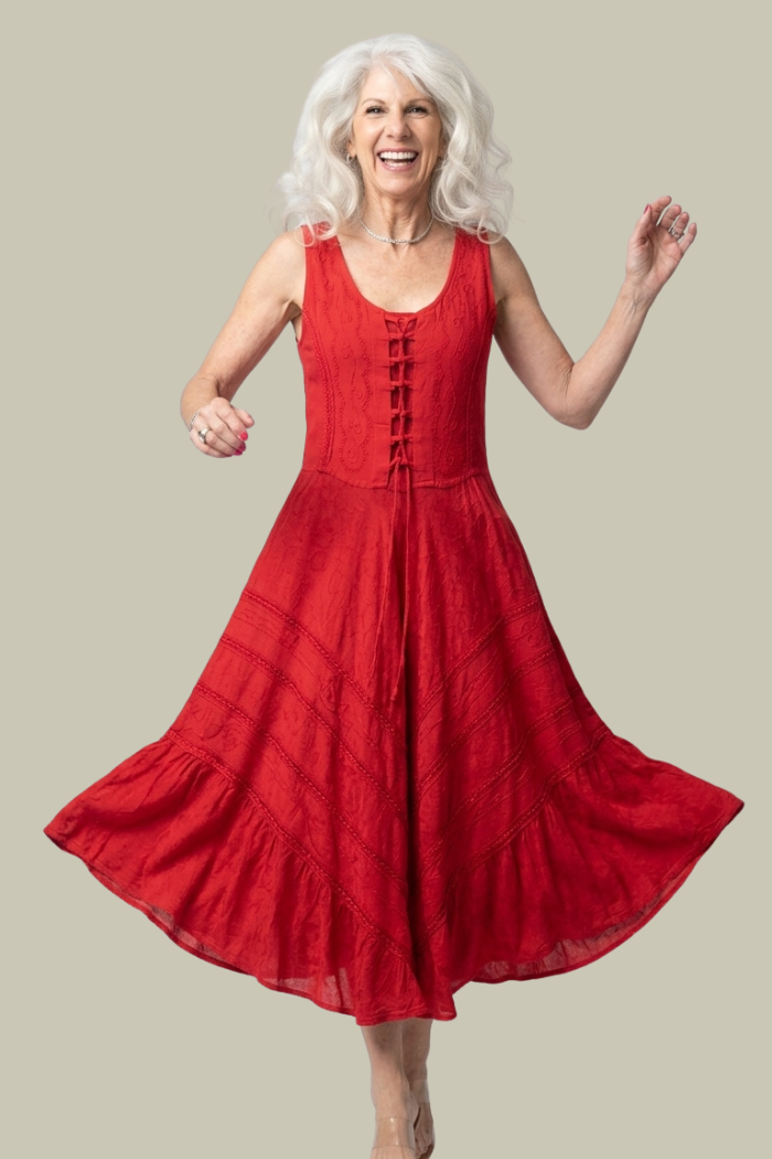 Corset Style Bodice Fit & Flare Midi Dress in Red