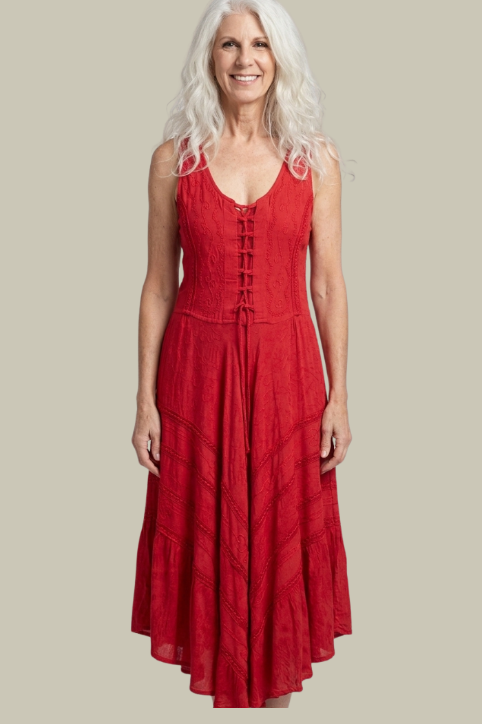 Corset Style Bodice Fit & Flare Midi Dress in Red