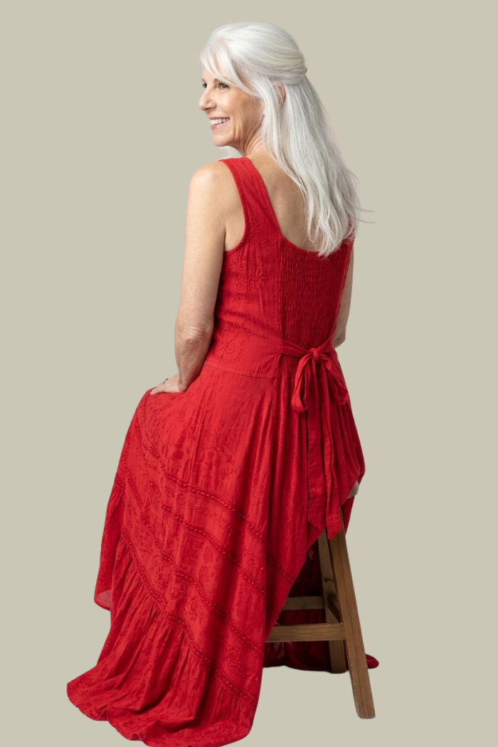 Corset Style Bodice Fit & Flare Midi Dress in Red