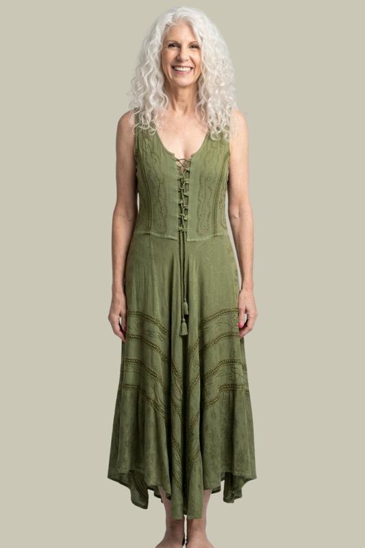 Corset Style Bodice Fit & Flare Midi Dress in Olive
