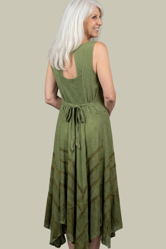 Corset Style Bodice Fit & Flare Midi Dress in Olive