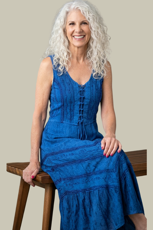Corset Style Bodice Fit & Flare Midi Dress in Denim Blue