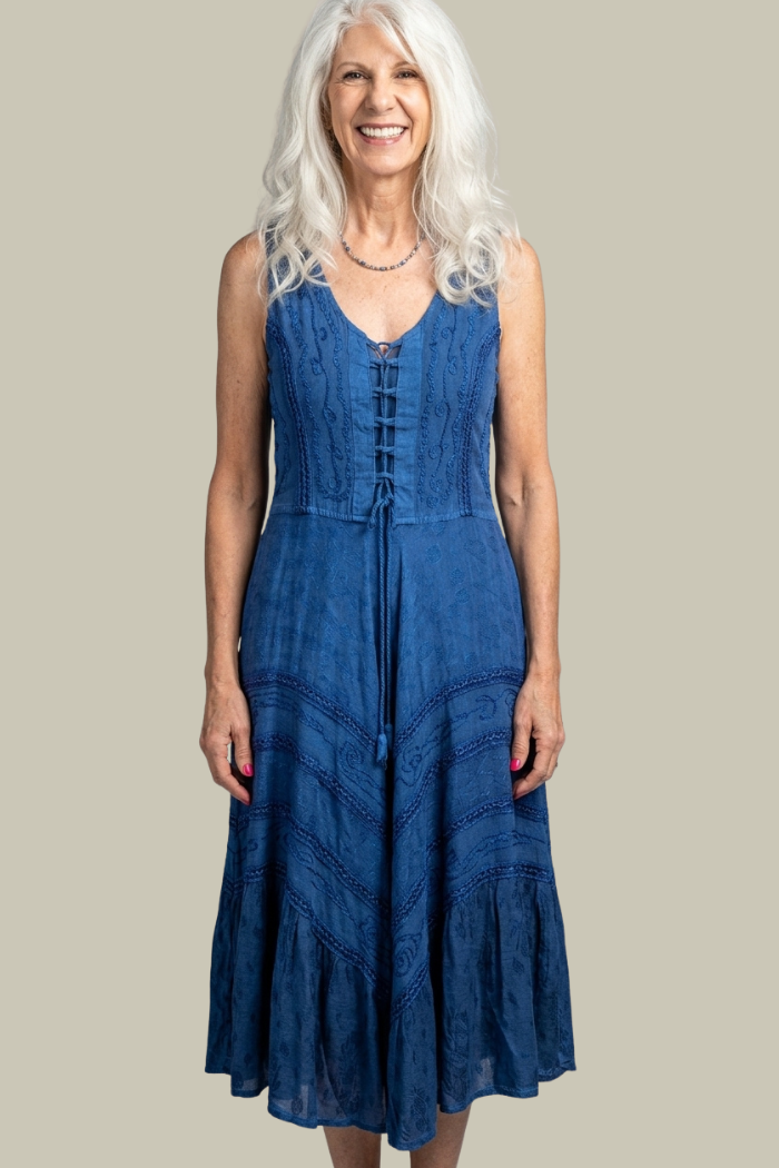 Corset Style Bodice Fit & Flare Midi Dress in Denim Blue