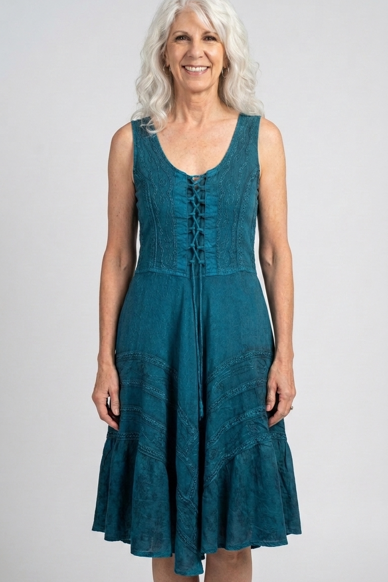 Corset Style Bodice Fit & Flare Midi Dress in Teal