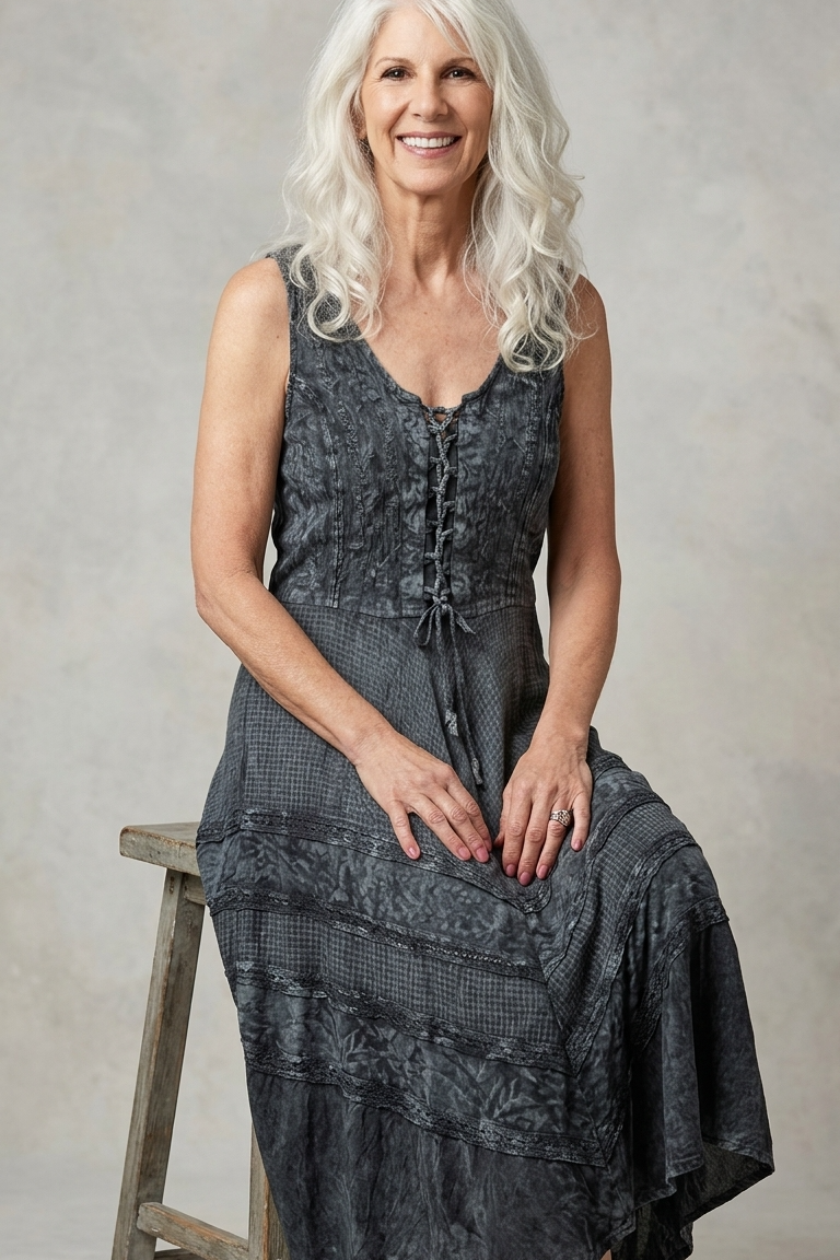 Corset Style Bodice Fit & Flare Midi Dress in Gray