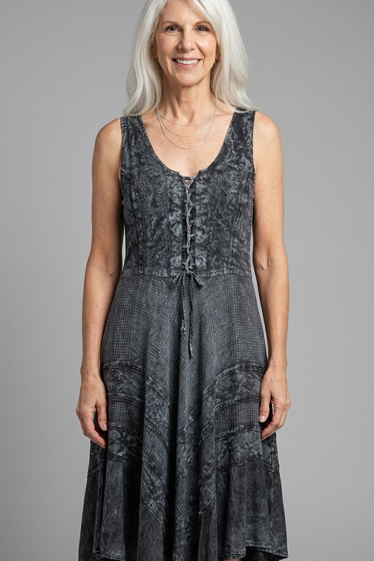 Corset Style Bodice Fit & Flare Midi Dress in Gray