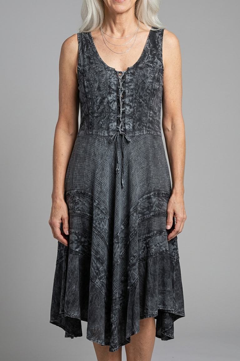 Corset Style Bodice Fit & Flare Midi Dress in Gray