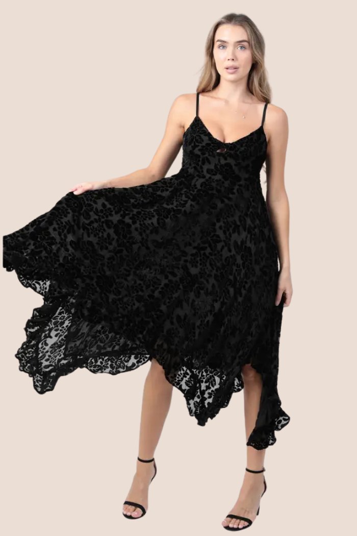 Burnout Velvet Twist Front Hanky Hem Midi Dress