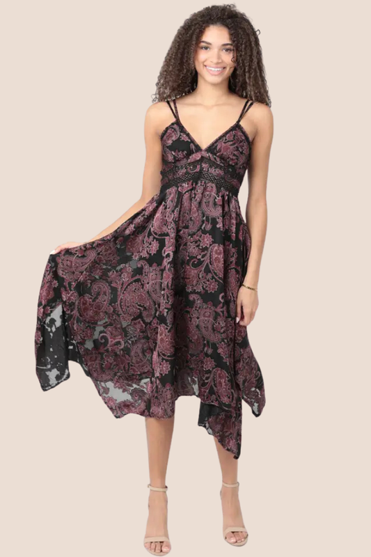 Burnout Paisley Print Hanky Hem Midi Dress
