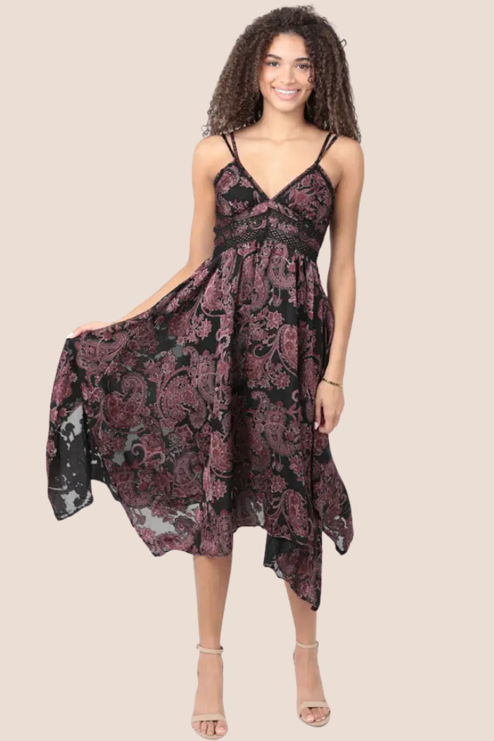 Burnout Paisley Print Hanky Hem Midi Dress